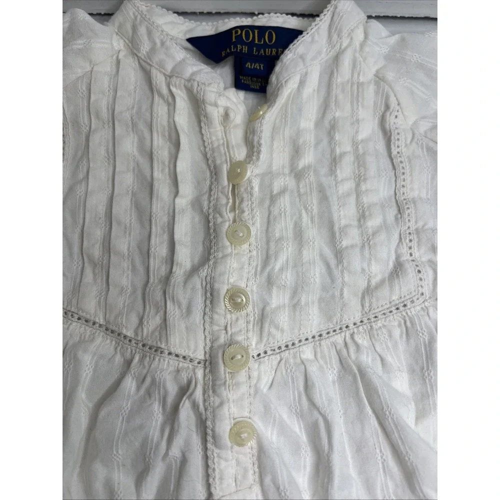 Polo Ralph Lauren Girls Blouse Size 4/4T White/Ivory‎ Long Sleeve Pintuck Button